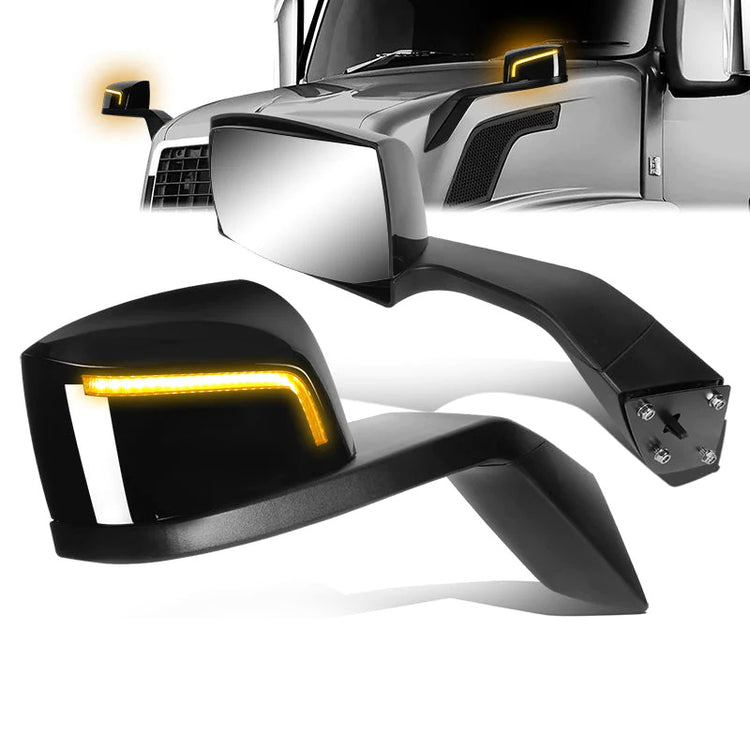 RETROVISOR HOOD MIRROR - 04-18 VOLVO VN SERIES - FITS MODELS W/ UNPOWERED / UNHEATED GLASS MIRRORS ONLY - MARKER / TURN SIGNAL LIGHTS NEED TO BE WIRED INTO EXISTING LIGHTING HARNESS - MANUAL - SEQUENTIAL LED - BLACK