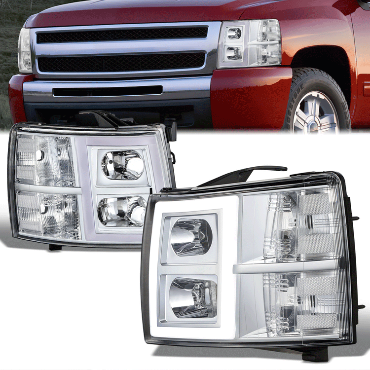 FAROS 07-13 CHEVY SILVERADO 1500 / 07-14 SILVERADO 2500 HD, 3500 - DOES NOT FIT 2007 OLD BODY CLASSIC MODELS - FITS MODELS WITH HALOGEN HEADLIGHTS ONLY - RECTANGLE LED DRL - CHROME HOUSING / CLEAR CORNER