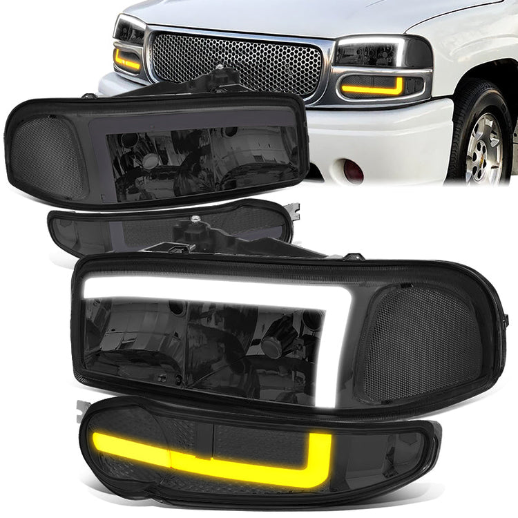 FAROS 01 GMC SIERRA C3 / 02-06 SIERRA 1500 DENALI / 07 SIERRA 1500 DENALI CLASSIC / 01-06 YUKON DENALI, YUKON XL 1500 DENALI - 9006 BULB FOR LOW BEAM - NOTCHING OF BULB BASE MAY BE REQUIRED TO FIT INTO 9005 BULB PLUG - LED DRL - 4PC - SMOKE / CLEAR