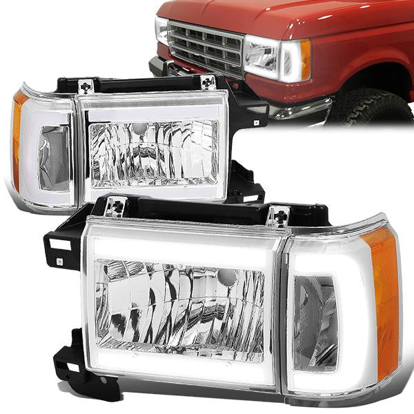FAROS 87-91 FORD BRONCO - 81-91 FORD F-150 / 87-91 FORD F-250 / 87-91 FORD F-350 - LED DRL - CHROME HOUSING / AMBER CORNER - 9004 HIGH BEAM / LOW BEAM / 3157 SIGNAL