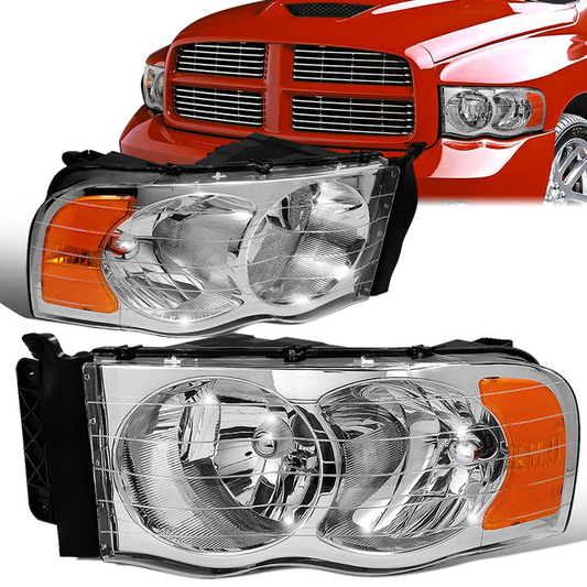 FAROS 02-05 DODGE RAM 1500 / 03-05 RAM 2500 , 3500 2/4-DOOR - CHROME HOUSING / AMBER CORNER - 9007 LOW BEAM / HIGH BEAM