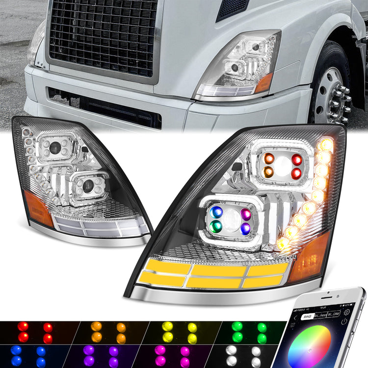 FAROS 04-18 VOLVO VN VNL 300 400 430 630 740 760 860 - FULL LED RGB DRL SEQUENTIAL TURN SIGNAL - CHROME