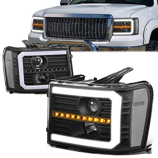 FAROS 07-13 GMC SIERRA 1500 / 07-14 GMC SIERRA 2500, 3500 - DOES NOT FIT 2007 CLASSIC STYLES - C-BAR LED DRL - SEQUENTIAL LED - BLACK HOUSING / CLEAR CORNER