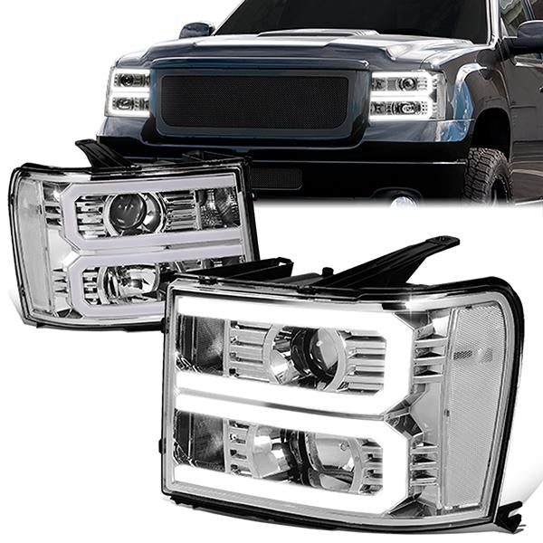 FAROS 07-13 GMC SIERRA 1500 / 07-14 GMC SIERRA 2500, 3500 - DOES NOT FIT 2007 CLASSIC STYLES - LIGHT BAR REQUIRES WIRING INTO EXISTING HARNESS - DUAL U-BAR LED DRL - CHROME HOUSING / CLEAR CORNER