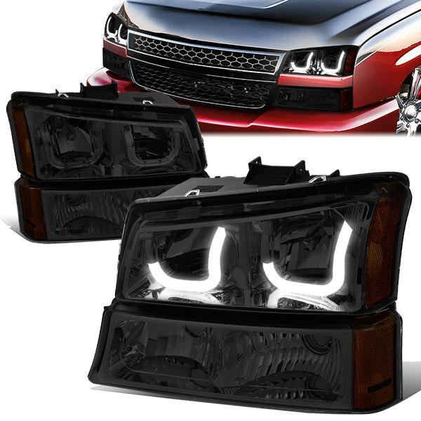 FAROS 03-06 CHEVY SILVERADO 1500, 2500, 3500, 1500HD, 2500HD, AVALANCHE 1500, AVALANCHE 2500 / 2007 CHEVY SILVERADO 1500, 1500HD, 2500HD, 3500 CLASSIC - J-HALO LED DRL - 4PC - SMOKE HOUSING / AMBER CORNER