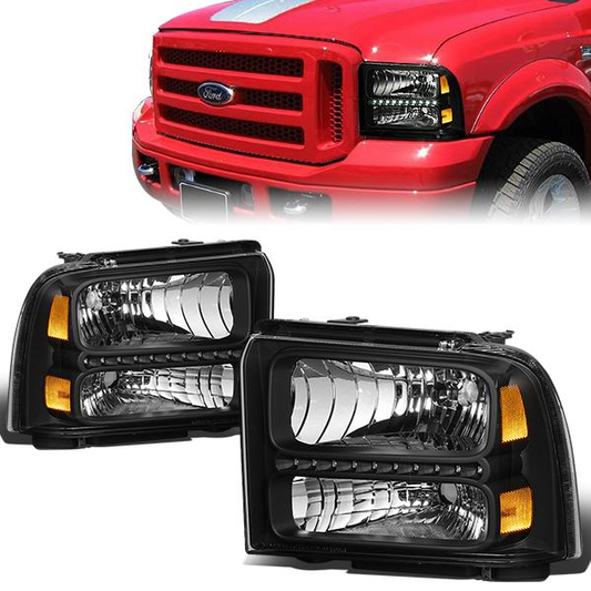FAROS 05-07 FORD F-250, F-350, F-450, F-550 2/4-DOOR SUPER DUTY - H13 LOW BEAM / HIGH BEAM - LED - BLACK HOUSING / AMBER CORNER