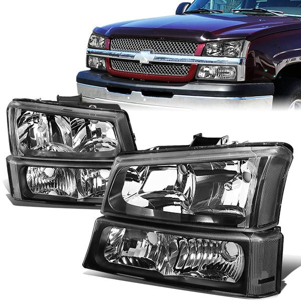 FAROS 03-04 CHEVY SILVERADO 2500 / 03-06 CHEVY AVALANCHE 1500 , 2500 / 03-06 CHEVY SILVERADO 1500 , 1500HD , 2500HD , 3500 2/4-DOOR - FITS MODELS WITHOUT FACTORY CLADDING ONLY - 4PC - BLACK HOUSING / CLEAR CORNER - 9006 LOW BEAM / 9005 HIGH BEAM