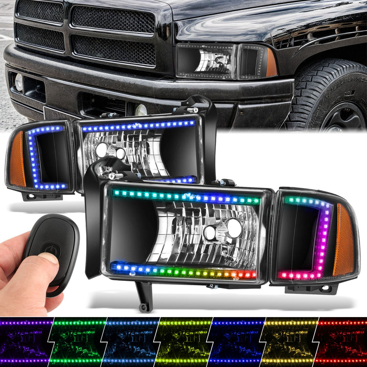 FAROS DODGE RAM 1500 1994-2001 / DODGE RAM 2500 1994-2002 / DODGE RAM 3500 1994-2002 - EXCLUDES SPORT MODELS - RGB LED LIGHT BAR - 9004 LOW BEAM / HIGH BEAM - BLACK HOUSING / AMBER CORNER