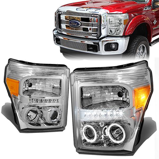 FAROS 11-16 FORD F-250, F-350, F-450, F-550 - SUPER DUTY 2/4-DOOR - LED - HALO PROJECTOR - CHROME HOUSING / AMBER CORNER - H1 LOW BEAM / HIGH BEAM