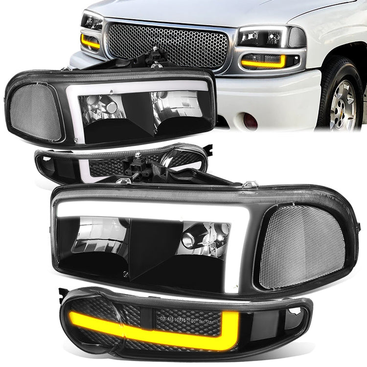 FAROS 01 GMC SIERRA C3 / 02-06 SIERRA 1500 DENALI / 07 SIERRA 1500 DENALI CLASSIC / 01-06 YUKON DENALI, YUKON XL 1500 DENALI - 9006 BULB FOR LOW BEAM - NOTCHING OF BULB BASE MAY BE REQUIRED TO FIT INTO 9005 BULB PLUG - LED DRL - 4PC - BLACK / CLEAR