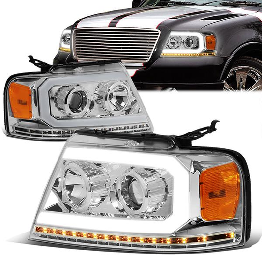 FAROS 04-08 FORD F-150 / 06-08 LINCOLN MARK LT - LED DRL - PROJECTOR - SEQUENTIAL LED TURN SIGNAL - CHROME HOUSING / AMBER CORNER