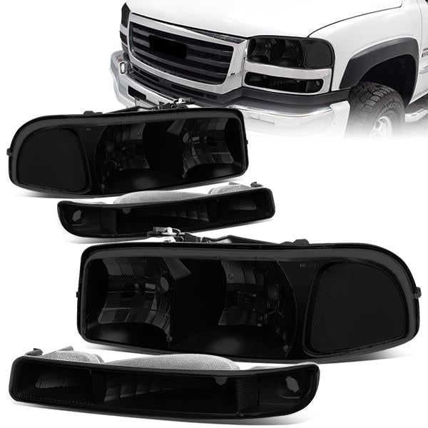 FAROS 99-07 GMC SIERRA 1500 / 99-04 2500 / 01-07 1500 HD/2500 HD/3500 HD / 99-06 YUKON / 00-06 YUKON XL 1500/2500 / 2001 SIERRA C3 - 4PC - 9005 LOW BEAM / HIGH BEAM - BLACK / SMOKE LENS / CLEAR CORNER