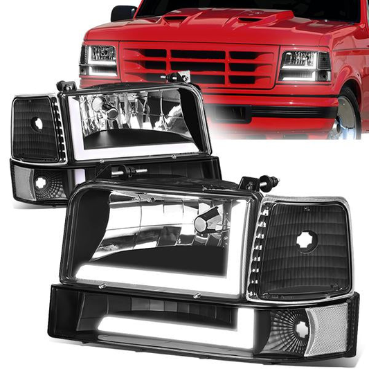 FAROS 92-96 FORD F-150, F-250, F-350 BRONCO - FITS MODELS WITH HALOGEN HEADLIGHTS ONLY - DUAL LED DRL - 4PC - BLACK HOUSING / CLEAR CORNER