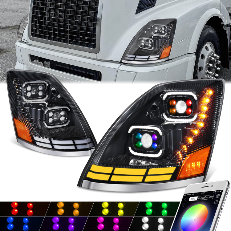 FAROS 04-18 VOLVO VN VNL 300 400 430 630 740 760 860 - FULL LED RGB DRL SEQUENTIAL TURN SIGNAL - BLACK