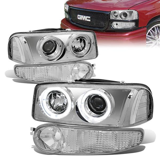 FAROS 01-06 YUKON DENALI, XL 1500 DENALI / 02-06 GMC SIERRA 1500 DENALI / 2007 GMC SIERRA 1500 DENALI 4-DOOR - FITS DENALI MODELS ONLY - LED - HALO PROJECTOR - CHROME HOUSING / CLEAR CORNER - 9005 LOW BEAM / HIGH BEAM