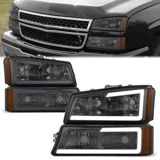 FAROS 03-06 CHEVY SILVERADO 1500, 2500, 3500 / 2007 CHEVY SILVERADO 1500, 2500, 3500 / 03-06 CHEVY AVALANCHE - FITS MODELS WITHOUT BODY CLADDING ONLY - FITS MODELS WITH HALOGEN HEADLIGHTS ONLY - LED DRL - 4PC - SMOKE HOUSING / AMBER CORNER