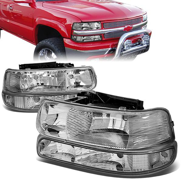 FAROS 99-02 CHEVY SILVERADO 1500 , 2500 / 00-06 CHEVY SUBURBAN 1500 , 2500 , TAHOE / 01-02 CHEVY SILVERADO 1500 HD , 2500 HD , 3500 HD 2/4-DOOR - 4PC - CHROME HOUSING / CLEAR CORNER - 9006 LOW BEAM / HIGH BEAM