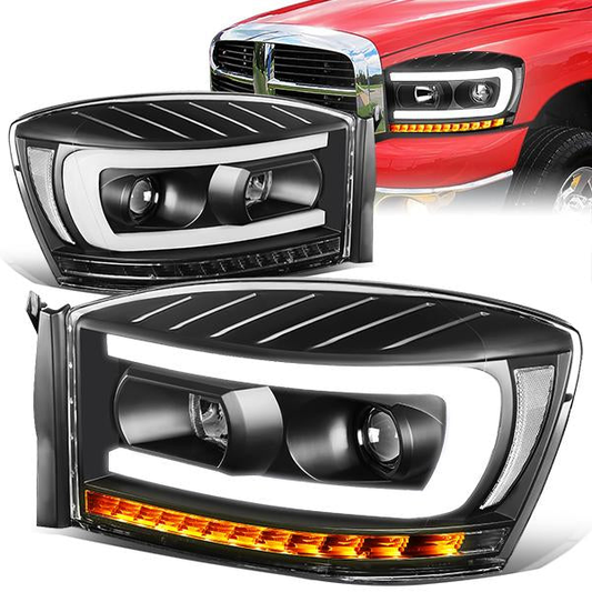 FAROS 06-08 DODGE RAM 1500 / 06-09 DODGE RAM 2500, 3500 - FITS MODELS WITH HALOGEN HEADLAMPS ONLY - LED DRL - PROJECTOR - BLACK HOUSING / CLEAR CORNER - H1 LOW BEAM / H1 HIGH BEAM / INTEGRATED LED SIGNAL & MARKER