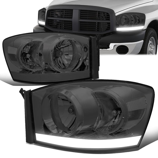 FAROS 06-08 DODGE RAM 1500 / 06-09 RAM 2500 , 3500 2/4-DOOR - FOR 2009 , FIT OLD BODY STYLE ONLY - DOES NOT FIT NEW BODY STYLE MODELS - STOCK HEADLIGHTS WITHOUT AMBER BAR - LED DRL - SMOKE HOUSING / CLEAR CORNER - H13 LOW BEAM / HIGH BEAM