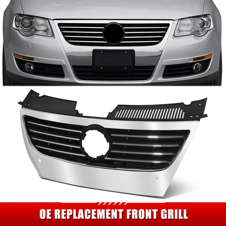 PARRILLA GRILLE - VG PASAT '05-'10/ GRILLE ASS'Y/ MAT-BLACK W/CHROME MOULDING/ W/PARKING AID,W/SENSOR H./ (BIG LOGO)