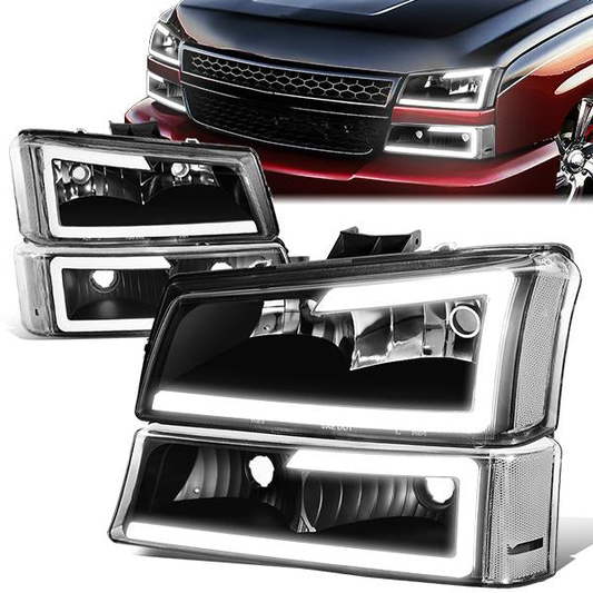 FAROS 03-06 CHEVY SILVERADO 1500, 2500, 3500 / 2007 CHEVY SILVERADO 1500, 2500, 3500 / 03-06 CHEVY AVALANCHE - FITS MODELS WITHOUT BODY CLADDING ONLY - FITS MODELS WITH HALOGEN HEADLIGHTS ONLY - LED DRL - 4PC - BLACK HOUSING / CLEAR CORNER