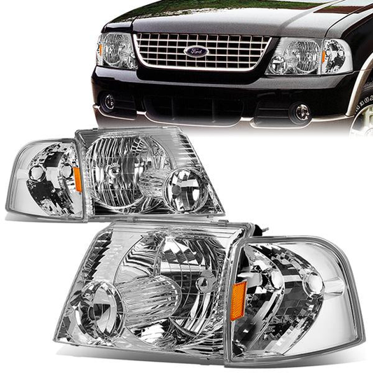 FAROS 02-05 FORD EXPLORER 4-DOOR - DOES NOT FIT SPORT OR SPORT TRAC MODELS - 4PC - 9007 LOW BEAM / HIGH BEAM - CHROME HOUSING / AMBER CORNER