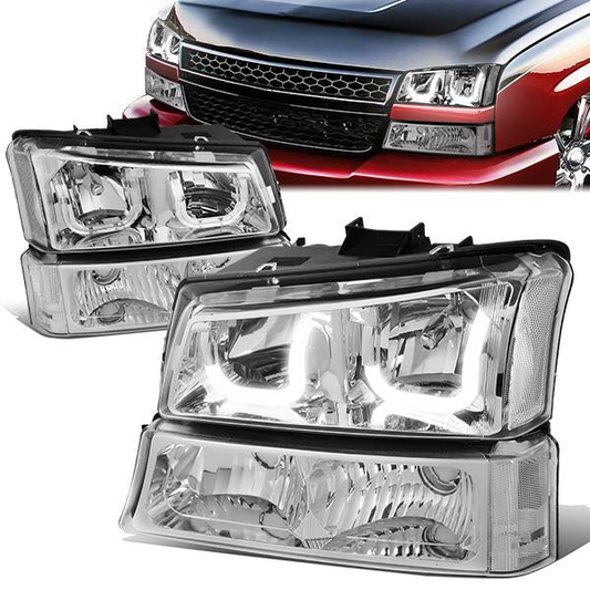 FAROS 03-06 CHEVY SILVERADO 1500, 2500, 3500, 1500HD, 2500HD, AVALANCHE 1500, AVALANCHE 2500 / 2007 CHEVY SILVERADO 1500, 1500HD, 2500HD, 3500 CLASSIC - J-HALO LED DRL - 4PC - CHROME HOUSING / CLEAR CORNER