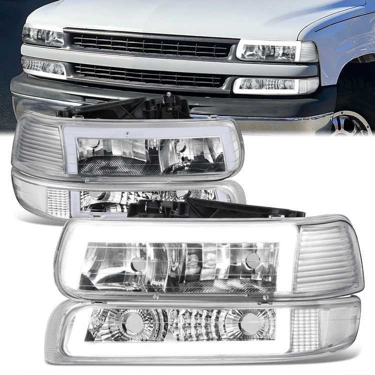 FAROS 99-02 CHEVY SILVERADO 1500, 2500 / 01-02 SILVERADO 1500HD, 2500HD, 3500 / 00-06 CHEVY SUBURBAN 1500, 2500, CHEVY TAHOE - REQUIRES WIRING TO EXISTING VEHICLE WIRING HARNESS - LED DRL - DUAL C-BAR - 4PC - CHROME HOUSING / CLEAR CORNER