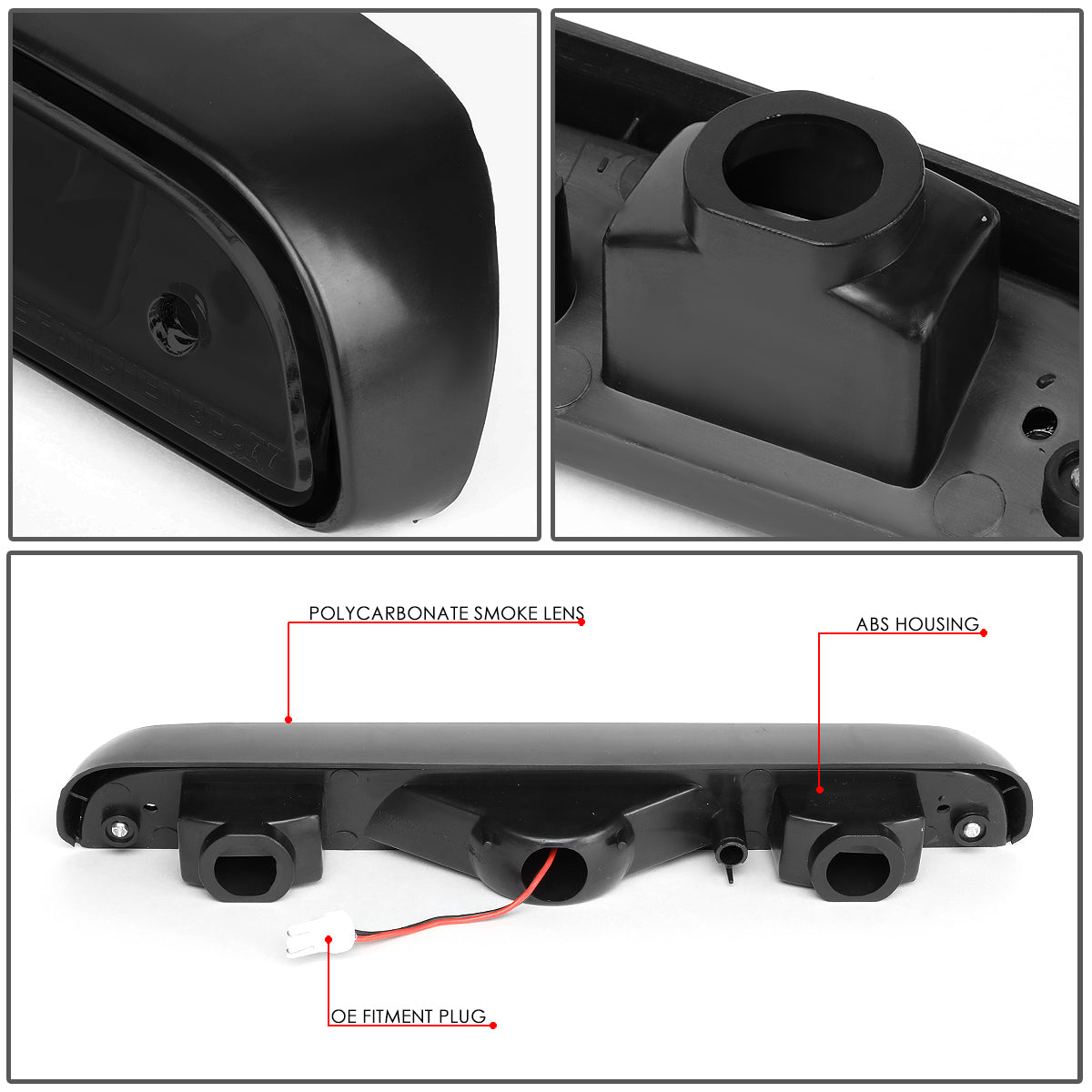 LUZ DE FRENO 92-96 FORD F-150, BRONCO / 92-97 F-250, F-350 - FITS MODELS WITHOUT REAR CARGO LIGHT - LED - BLACK / SMOKE