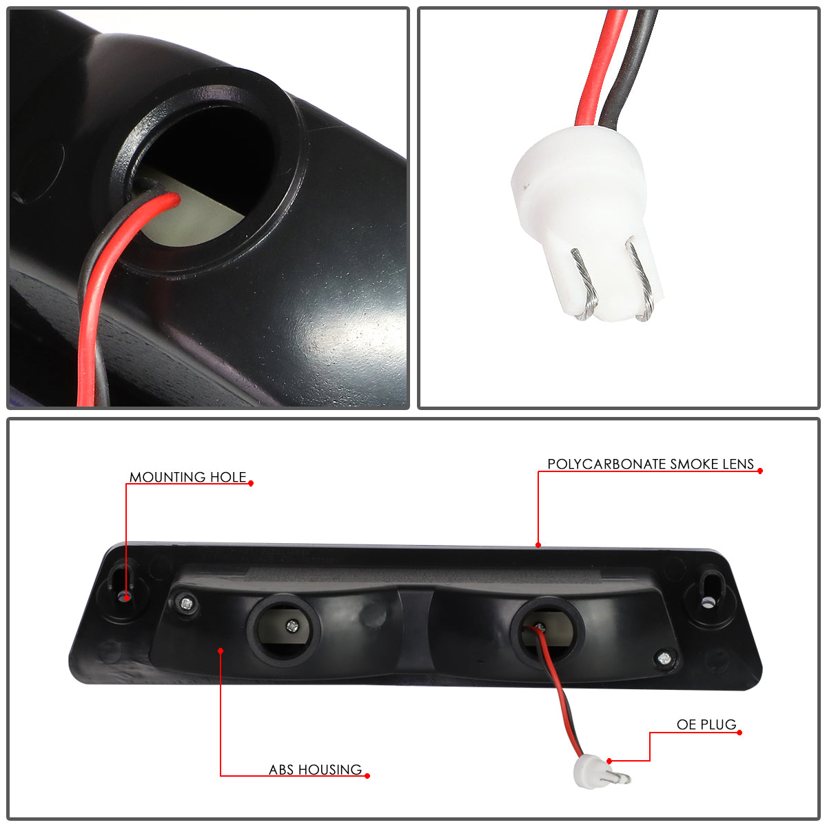 LUZ DE FRENO 87-93 FORD MUSTANG LX - FITS HATCHBACK MODELS WITH OEM SPOILER - PLUGS INTO FACTORY BULB SOCKET - LED - BLACK / SMOKE