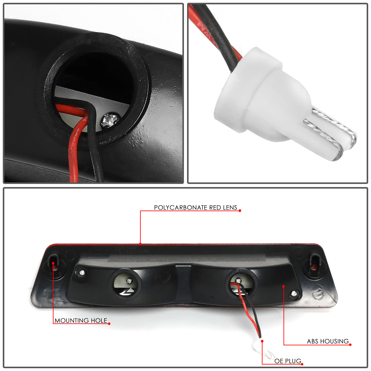 LUZ DE FRENO 87-93 FORD MUSTANG LX - FITS HATCHBACK MODELS WITH OEM SPOILER - PLUGS INTO FACTORY BULB SOCKET - LED - RED