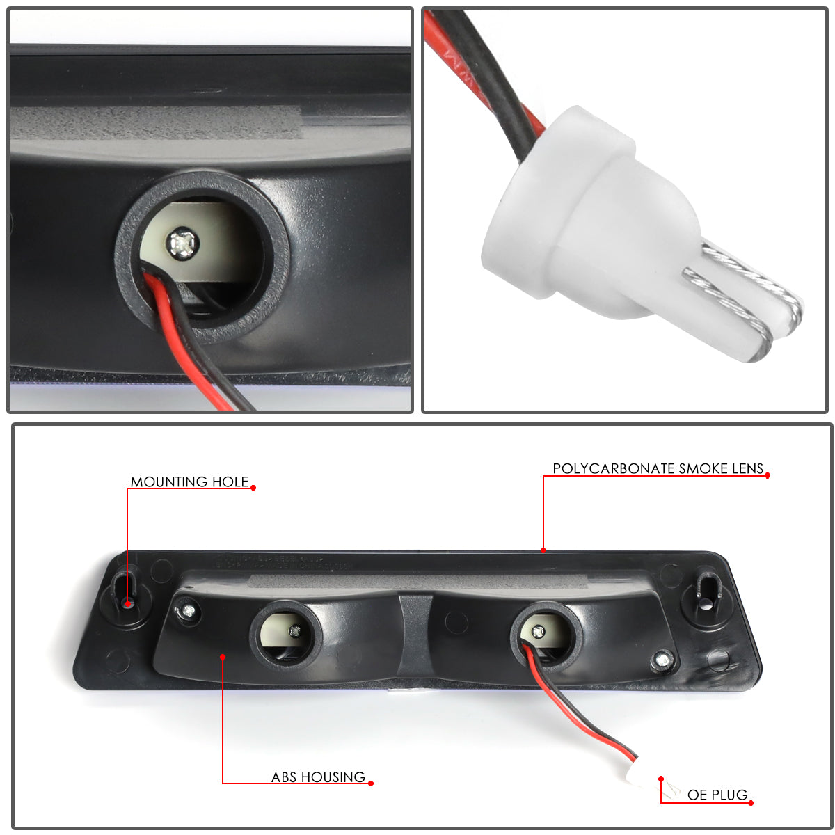 LUZ DE FRENO 87-93 FORD MUSTANG LX - FITS HATCHBACK MODELS WITH OEM SPOILER - PLUGS INTO FACTORY BULB SOCKET - LED - SMOKE