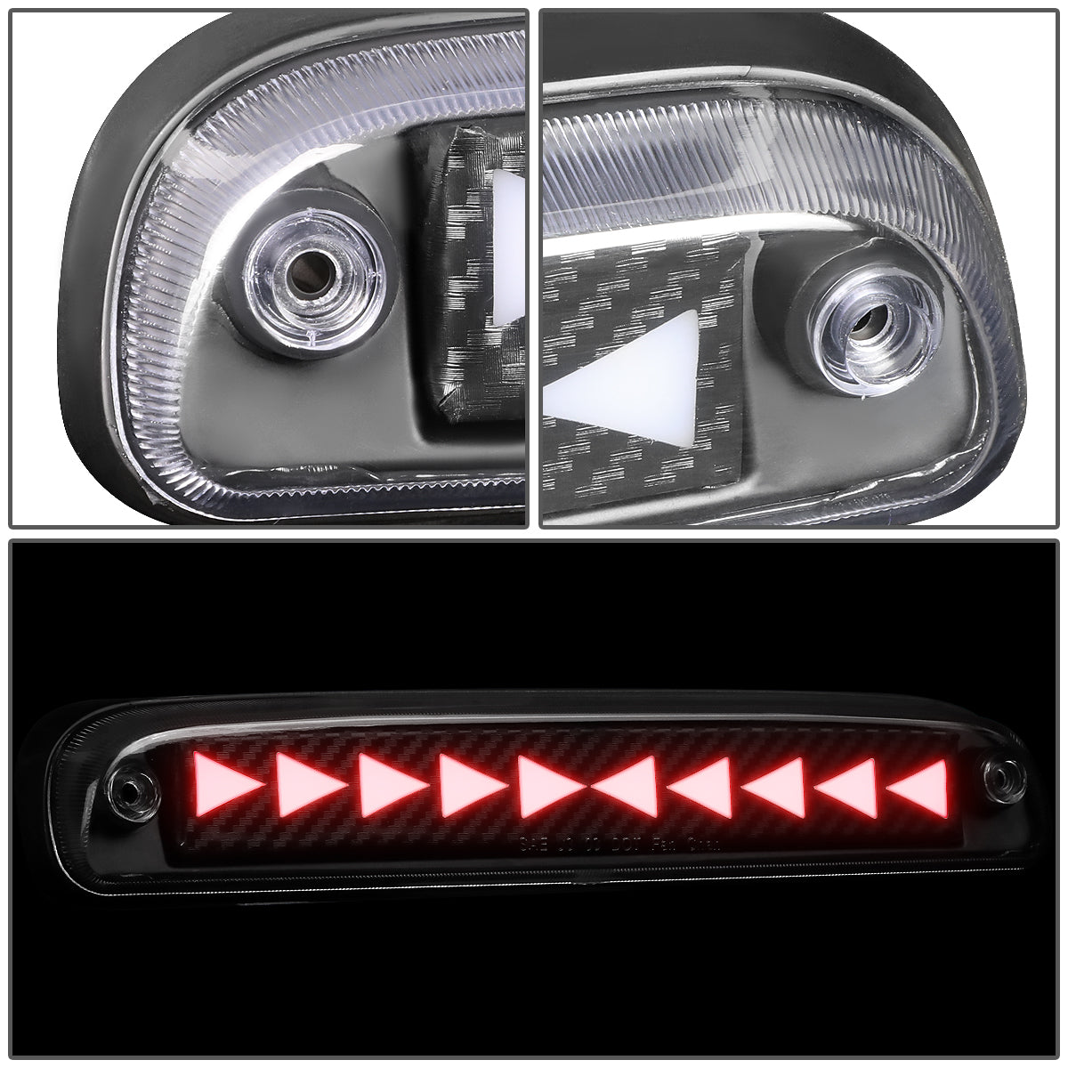 LUZ DE FRENO 94-10 MAZDA B2300, B2500, B3000, B4000 / 93-11 FORD RANGER / 01-05 FORD EXPLORER SPORT TRAC / 99-16 FORD F-250SD, F-350SD, F-450SD, F-550SD - 3D - SEQUENTIAL TRIANGLE LED - BLACK