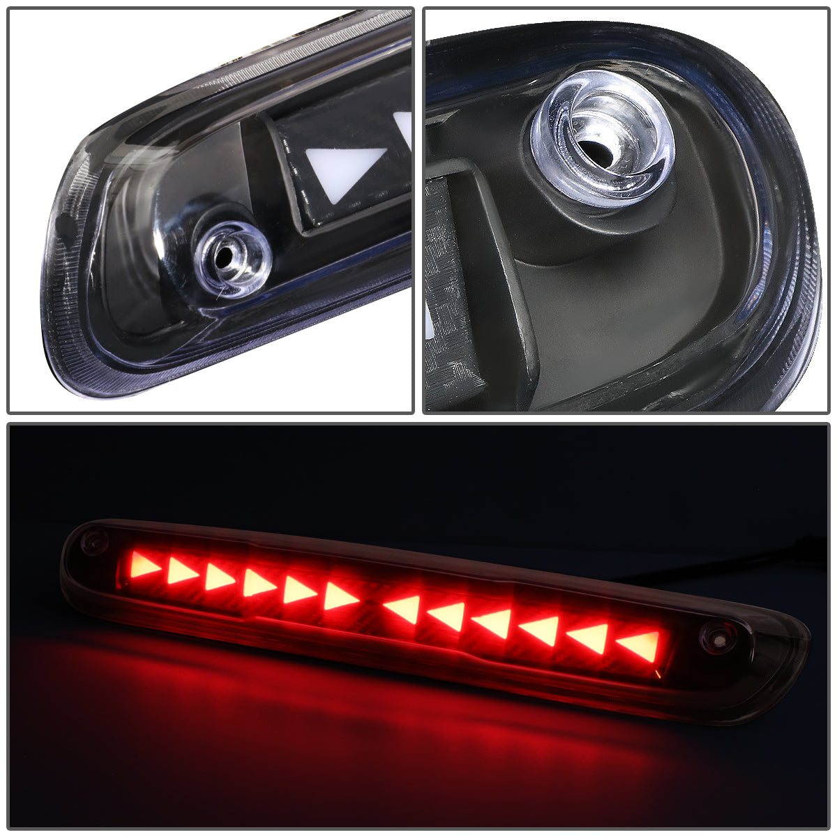 LUZ DE FRENO 07-13 CHEVY SILVERADO 1500, 1500HD, GMC SIERRA 1500, 1500HD / 07-14 SILVERADO 2500, 3500, HD MODELS, GMC SIERRA 2500, 3500, HD MODELS / 09-10 HUMMER H3T - 3D - LED - SEQUENTIAL TRIANGLE LED - BLACK