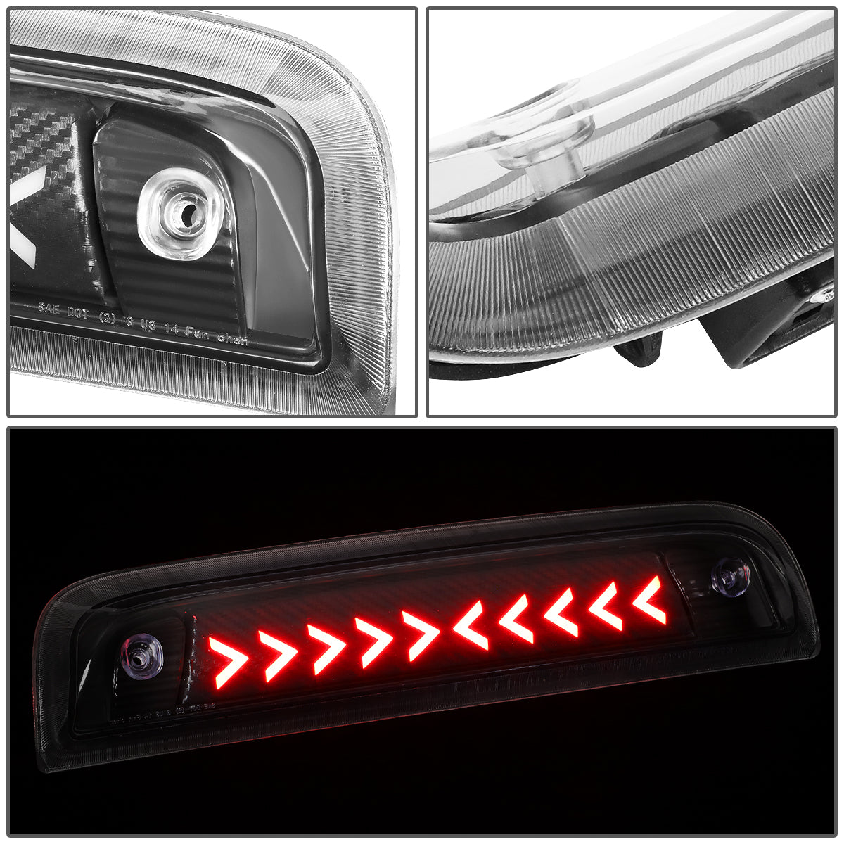 LUZ DE FRENO 14-20 CHEVY SILVERADO 1500 / 14-18 GMC SIERRA 1500 / 15-19 SILVERADO 2500, 3500, SIERRA 2500, 3500 / 2019 SIERRA 1500 LIMITED - FITS MODELS WITH CARGO LIGHT - 3D - SEQUENTIAL ARROW LED - BLACK