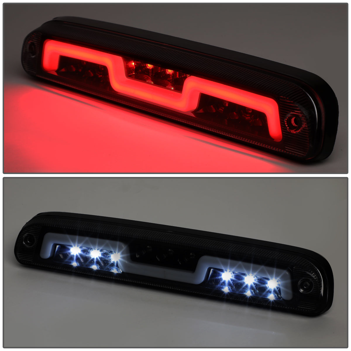 LUZ DE FRENO 3RD BRAKE LIGHT - 93-11 FORD RANGER / 99-16 F-250, F-350 SD, F-450 SD, F-550 SD / 95-03 MAZDA B2300, B2500, B3000, B4000 - FITS MODELS WITH CARGO LIGHTS ONLY - SEQUENTIAL CHASE LED - SMOKE