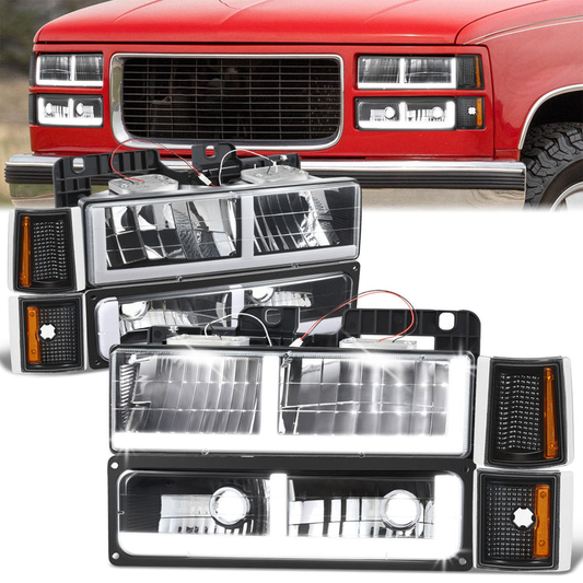 FAROS CLEAR LENS,AMBER REFLECTOR,BLACK HOUSING - 8PCS - LED BAR - 94-99 GMC C1500 K1500 YUKON / 94-99 GMC C1500 SUBURBAN C2500 SUBURBAN K1500 SUBURBAN K2500 SUBURBAN / 94-00 GMC C2500 C3500 K2500 K3500 - FITS MODELS WITH COMPOSITE HEADLIGHTS ONLY