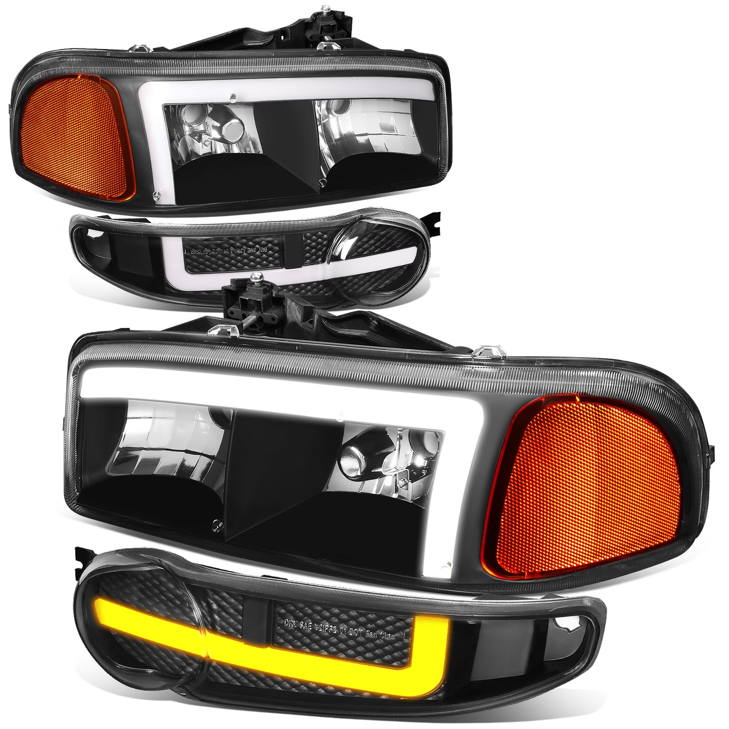 FAROS 01 GMC SIERRA C3 / 02-06 SIERRA 1500 DENALI / 07 SIERRA 1500 DENALI CLASSIC / 01-06 YUKON DENALI, YUKON XL 1500 DENALI - 9006 BULB FOR LOW BEAM - NOTCHING OF BULB BASE MAY BE REQUIRED TO FIT INTO 9005 BULB PLUG - LED DRL - 4PC - BLACK / AMBER