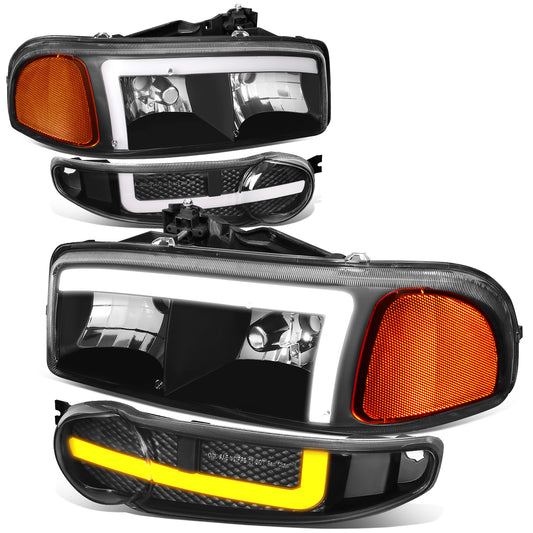 FAROS 01 GMC SIERRA C3 / 02-06 SIERRA 1500 DENALI / 07 SIERRA 1500 DENALI CLASSIC / 01-06 YUKON DENALI, YUKON XL 1500 DENALI - 9006 BULB FOR LOW BEAM - NOTCHING OF BULB BASE MAY BE REQUIRED TO FIT INTO 9005 BULB PLUG - LED DRL - 4PC - BLACK / AMBER