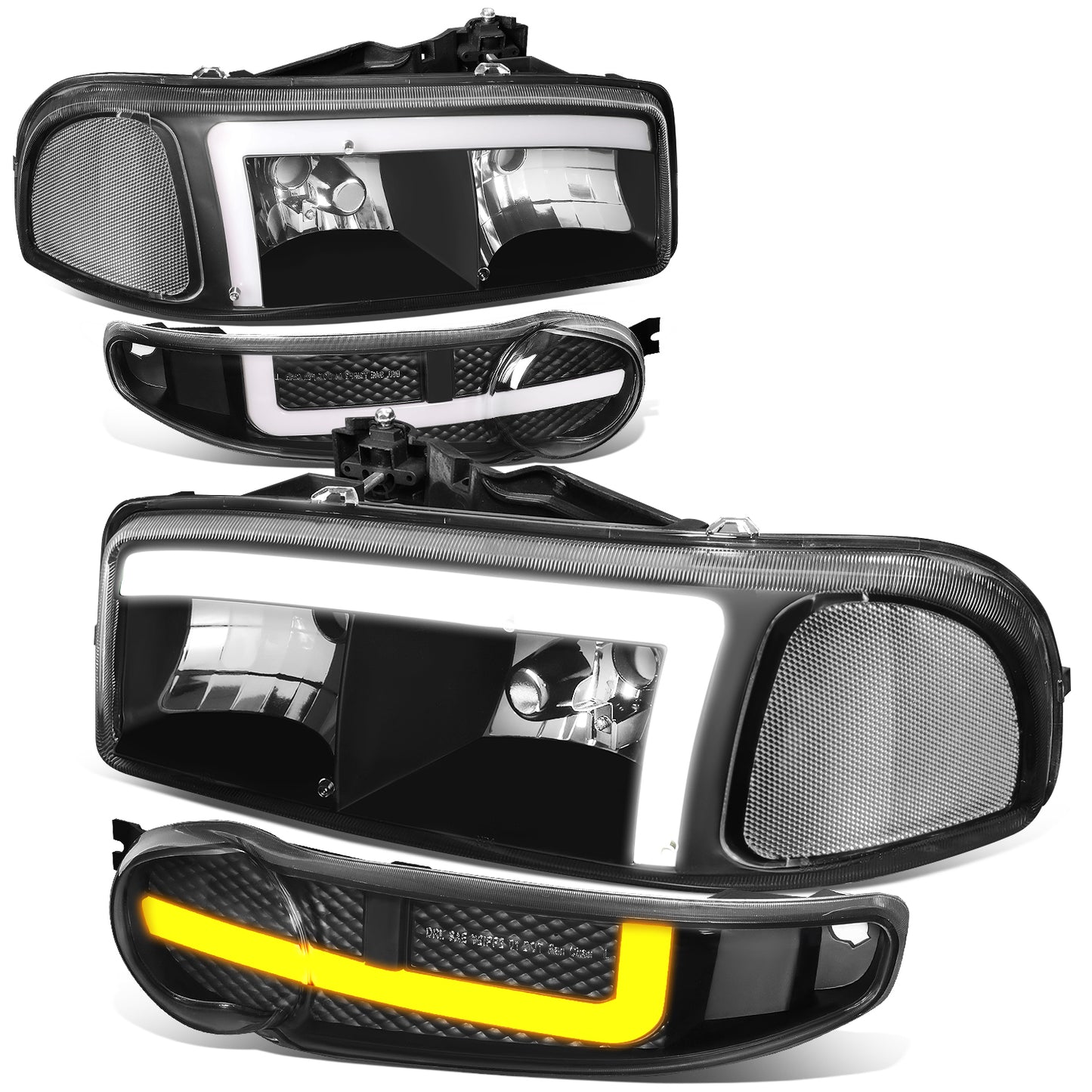 FAROS 01 GMC SIERRA C3 / 02-06 SIERRA 1500 DENALI / 07 SIERRA 1500 DENALI CLASSIC / 01-06 YUKON DENALI, YUKON XL 1500 DENALI - 9006 BULB FOR LOW BEAM - NOTCHING OF BULB BASE MAY BE REQUIRED TO FIT INTO 9005 BULB PLUG - LED DRL - 4PC - BLACK / CLEAR