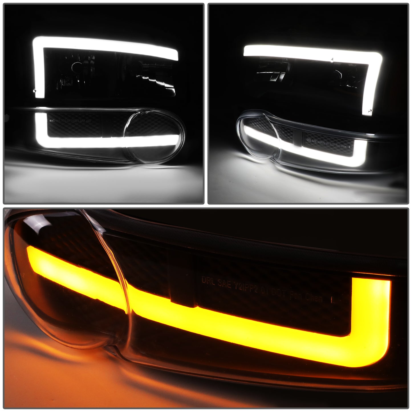 FAROS 01 GMC SIERRA C3 / 02-06 SIERRA 1500 DENALI / 07 SIERRA 1500 DENALI CLASSIC / 01-06 YUKON DENALI, YUKON XL 1500 DENALI - 9006 BULB FOR LOW BEAM - NOTCHING OF BULB BASE MAY BE REQUIRED TO FIT INTO 9005 BULB PLUG - LED DRL - 4PC - BLACK / CLEAR