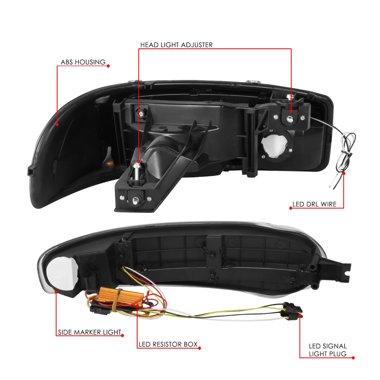 FAROS 01 GMC SIERRA C3 / 02-06 SIERRA 1500 DENALI / 07 SIERRA 1500 DENALI CLASSIC / 01-06 YUKON DENALI, YUKON XL 1500 DENALI - 9006 BULB FOR LOW BEAM - NOTCHING OF BULB BASE MAY BE REQUIRED TO FIT INTO 9005 BULB PLUG - LED DRL - 4PC - BLACK / CLEAR