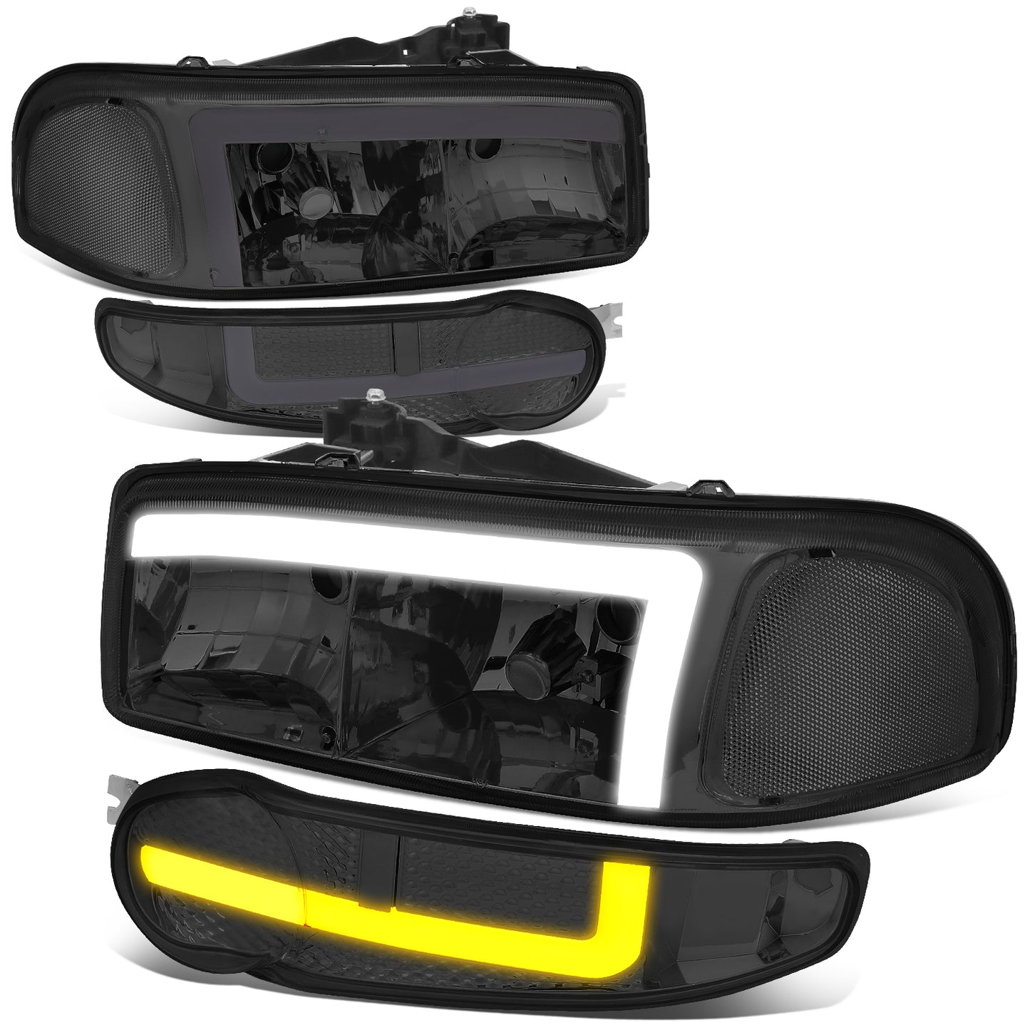 FAROS 01 GMC SIERRA C3 / 02-06 SIERRA 1500 DENALI / 07 SIERRA 1500 DENALI CLASSIC / 01-06 YUKON DENALI, YUKON XL 1500 DENALI - 9006 BULB FOR LOW BEAM - NOTCHING OF BULB BASE MAY BE REQUIRED TO FIT INTO 9005 BULB PLUG - LED DRL - 4PC - SMOKE / CLEAR