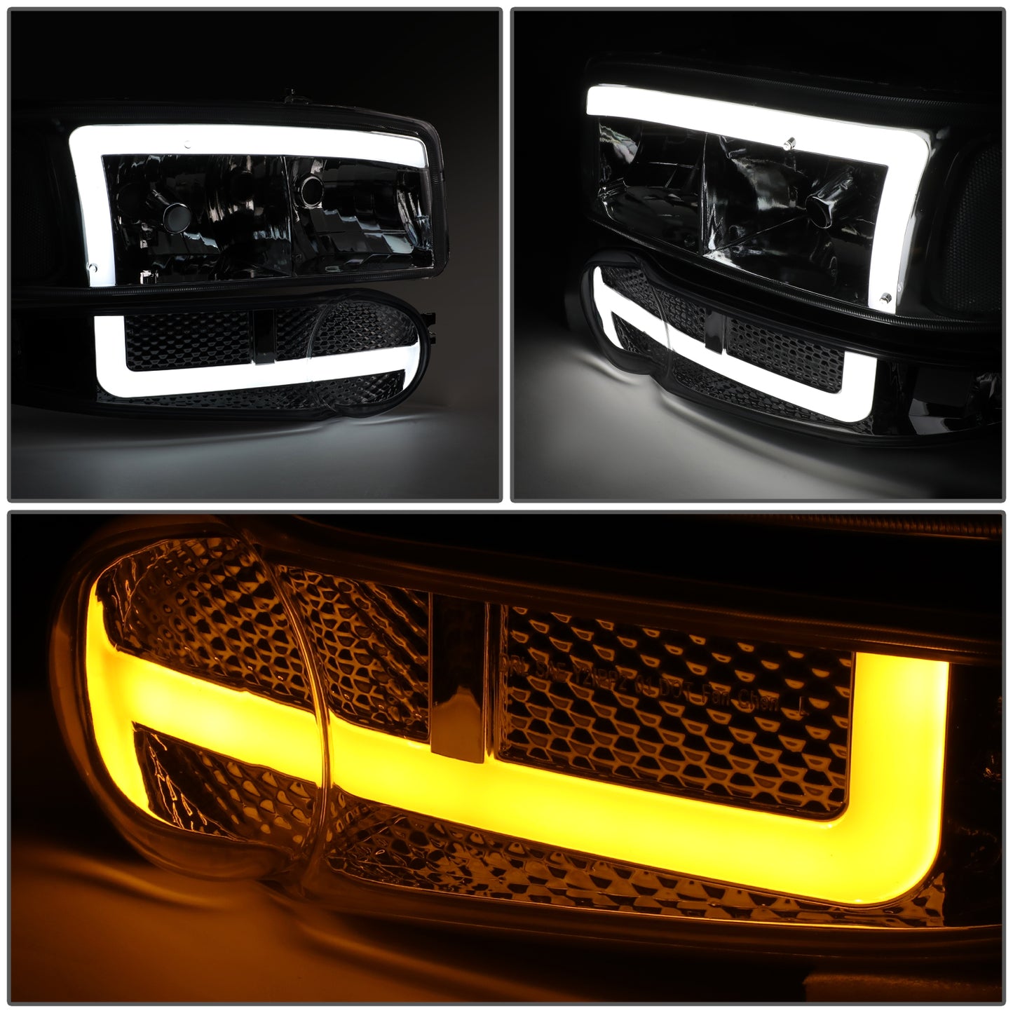 FAROS 01 GMC SIERRA C3 / 02-06 SIERRA 1500 DENALI / 07 SIERRA 1500 DENALI CLASSIC / 01-06 YUKON DENALI, YUKON XL 1500 DENALI - 9006 BULB FOR LOW BEAM - NOTCHING OF BULB BASE MAY BE REQUIRED TO FIT INTO 9005 BULB PLUG - LED DRL - 4PC - SMOKE / CLEAR