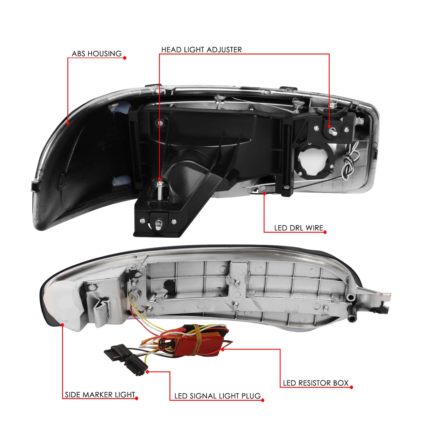 FAROS 01 GMC SIERRA C3 / 02-06 SIERRA 1500 DENALI / 07 SIERRA 1500 DENALI CLASSIC / 01-06 YUKON DENALI, YUKON XL 1500 DENALI - 9006 BULB FOR LOW BEAM - NOTCHING OF BULB BASE MAY BE REQUIRED TO FIT INTO 9005 BULB PLUG - LED DRL - 4PC - SMOKE / CLEAR