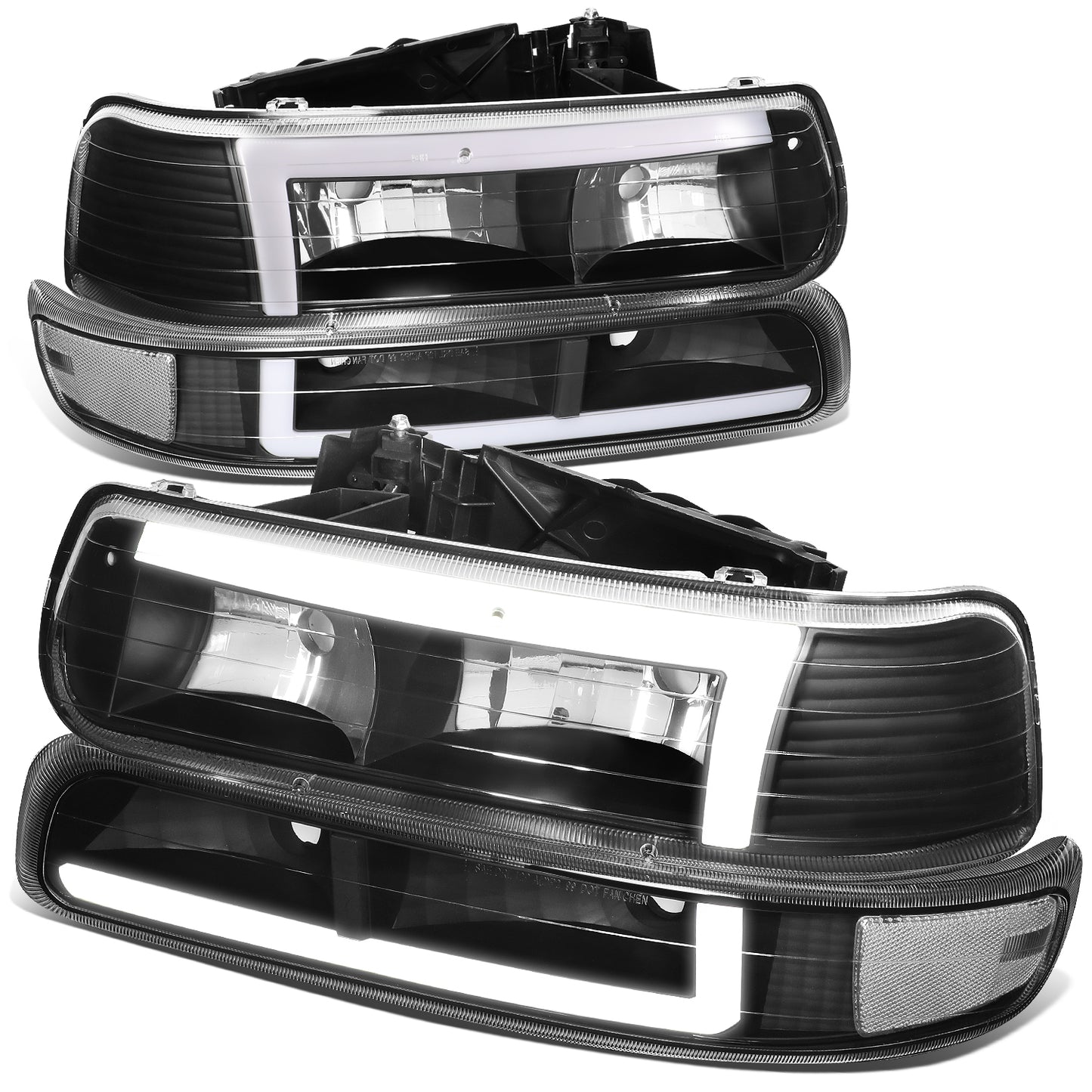 FAROS 99-02 CHEVY SILVERADO 1500, 2500 / 01-02 SILVERADO 1500 HD, 2500 HD, 3500 / 00-06 SUBURBAN 1500, 2500, TAHOE - REQUIRES WIRING TO EXISTING VEHICLES WIRING HARNESS - LED DRL - 4PC - BLACK / CLEAR