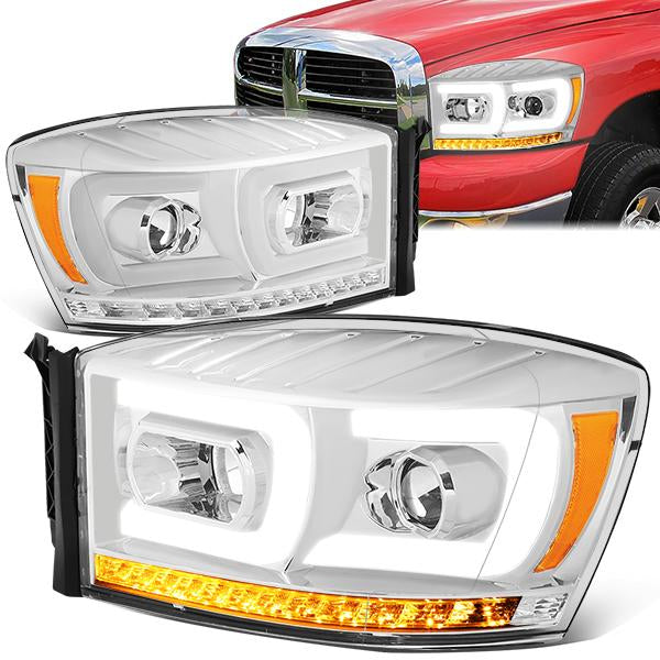 FAROS 06-08 DODGE RAM 1500 / 06-09 DODGE RAM 2500, 3500 - FITS MODELS WITH HALOGEN HEADLAMPS ONLY - DUAL LED DRL - PROJECTOR - CHROME HOUSING / AMBER CORNER - H1 LOW BEAM / H1 HIGH BEAM / INTEGRATED LED SIGNAL & MARKER