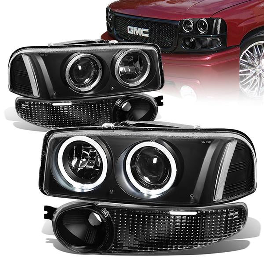 FAROS 01-06 YUKON DENALI, XL 1500 DENALI / 02-06 GMC SIERRA 1500 DENALI / 2007 GMC SIERRA 1500 DENALI 4-DOOR - FITS DENALI MODELS ONLY - LED - HALO PROJECTOR - BLACK HOUSING / CLEAR CORNER - 9005 LOW BEAM / HIGH BEAM