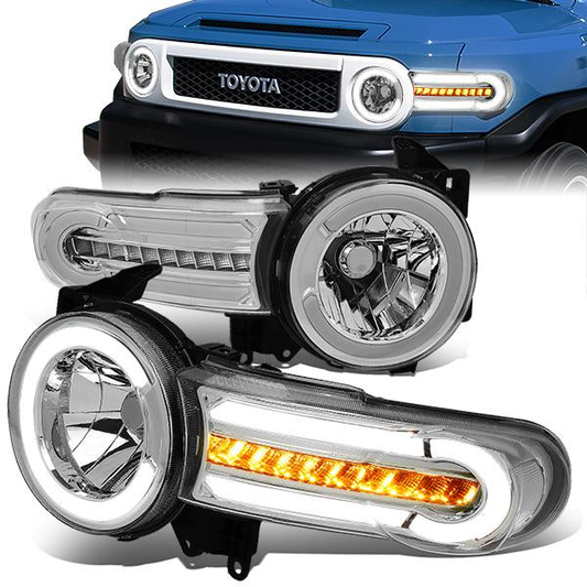 FAROS 07-14 TOYOTA FJ CRUISER - LED DRL - SEQUENTIAL TURN SIGNAL - CHROME HOUSING / CLEAR CORNER - 9003 LOW BEAM / H4 HIGH BEAM