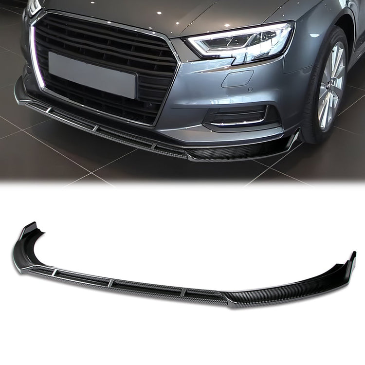 LIP FRONTAL 17-20 AUDI - FITS A3 WITH BASE, PREMIUM BUMPER ONLY - REQUIRES DRILLING BUMPER FOR INSTALLATION - 3PC - CARBON FIBER LOOK